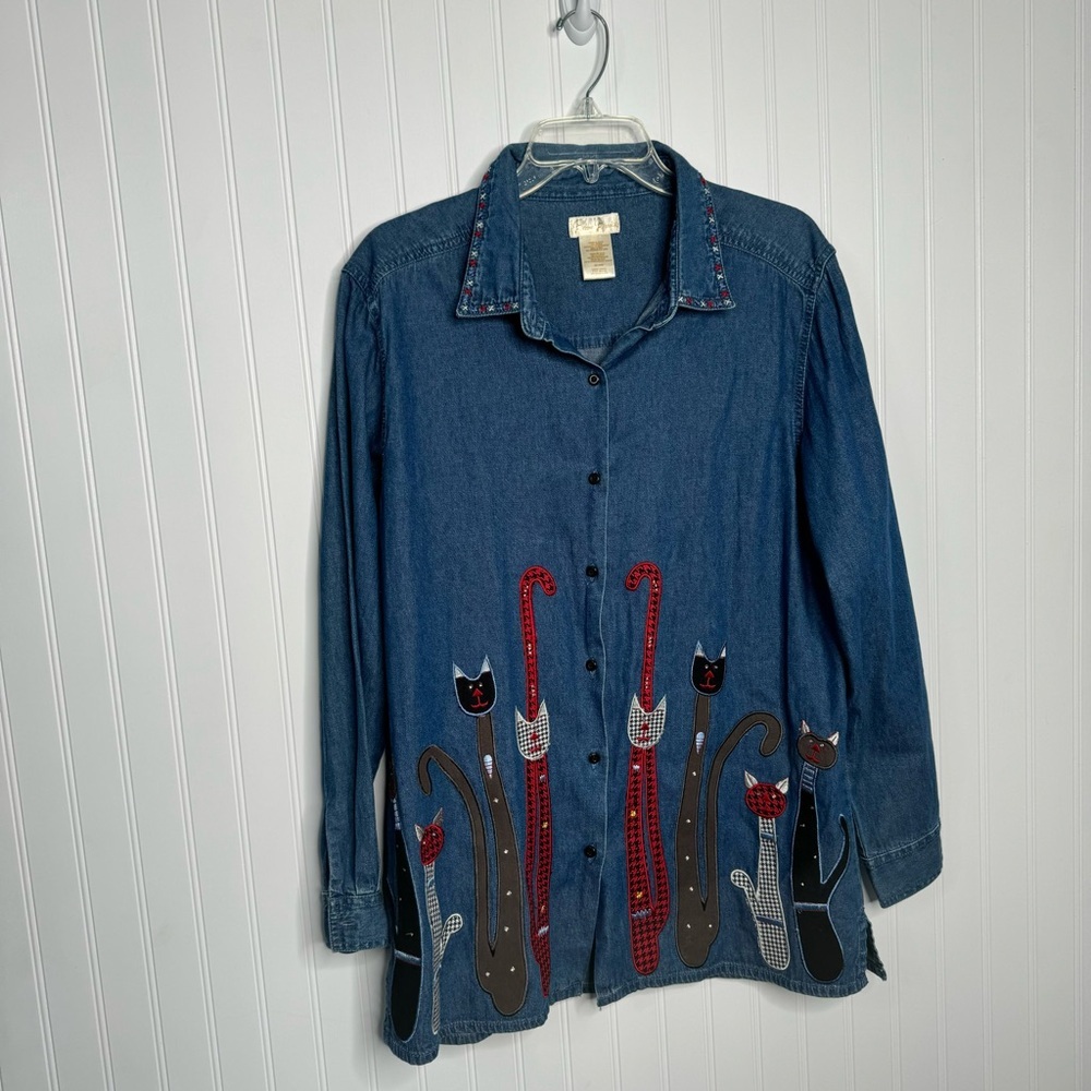 Vintage Cat Shirt Large Oversized Cats Cat Lady‎ Denim Chambray Art Artsy  90's